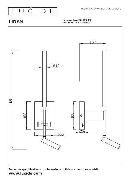 Lucide FINAN - Wandleuchte - LED - 2700K - Mit USB-Ladepunkt - Schwarz - technisch